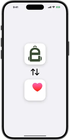 Graphic showing the Enduruc ruck icon connected bidirectionally to the Apple Health heart icon, representing private Health data sync.