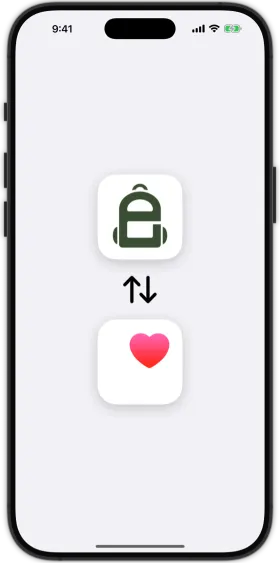 Graphic showing the Enduruc ruck icon connected bidirectionally to the Apple Health heart icon, representing private Health data sync.