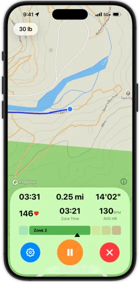 iPhone showing a live ruck in progress on a Mapbox topo map with route line, timer, distance, pace, heart rate, zone time, and HR zone bar above the control buttons.
