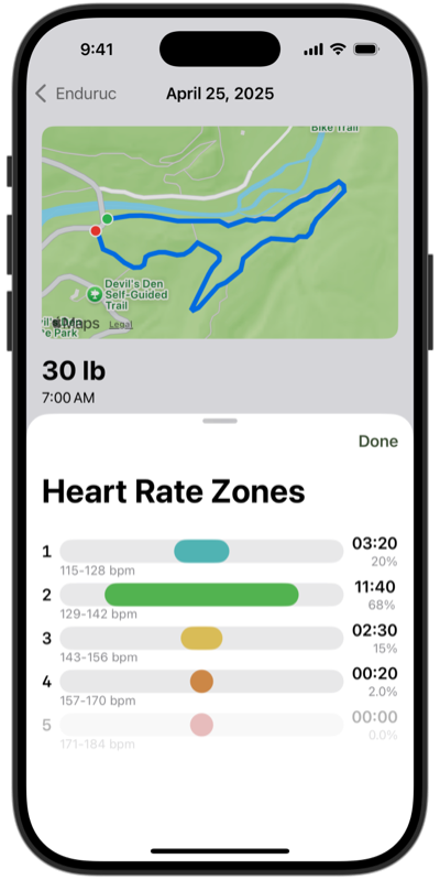 iPhone displaying Enduruc app workout summary with route map and new Heart Rate Zones chart, showing time spent in each heart rate zone.