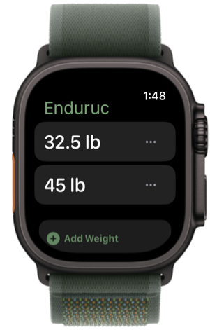 Apple Watch displaying Enduruc app home screen with 32.5 Ib and 45 Ib increcements to select from.