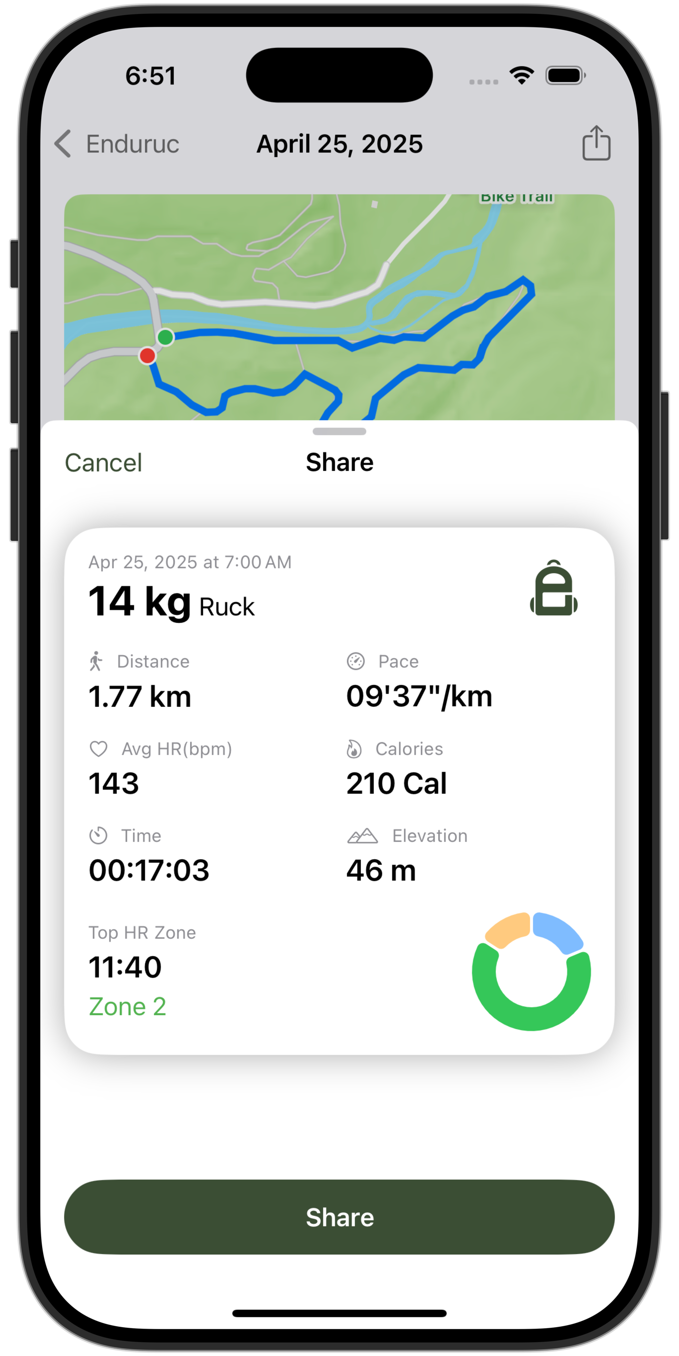 Shared ruck summary image showing ruck details including weight, pace, heart rate, elevation, and zone distribution.