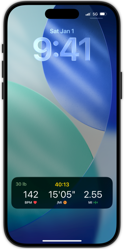 iPhone lock screen showing an Enduruc Live Activity during a ruck workout, displaying elapsed time, heart rate, pace, distance, and ruck weight in a compact banner.