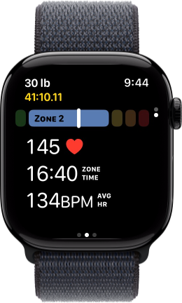 An Apple Watch shows the heart rate zones metric view.