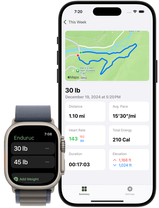 Watch and phone showing Enduruc features